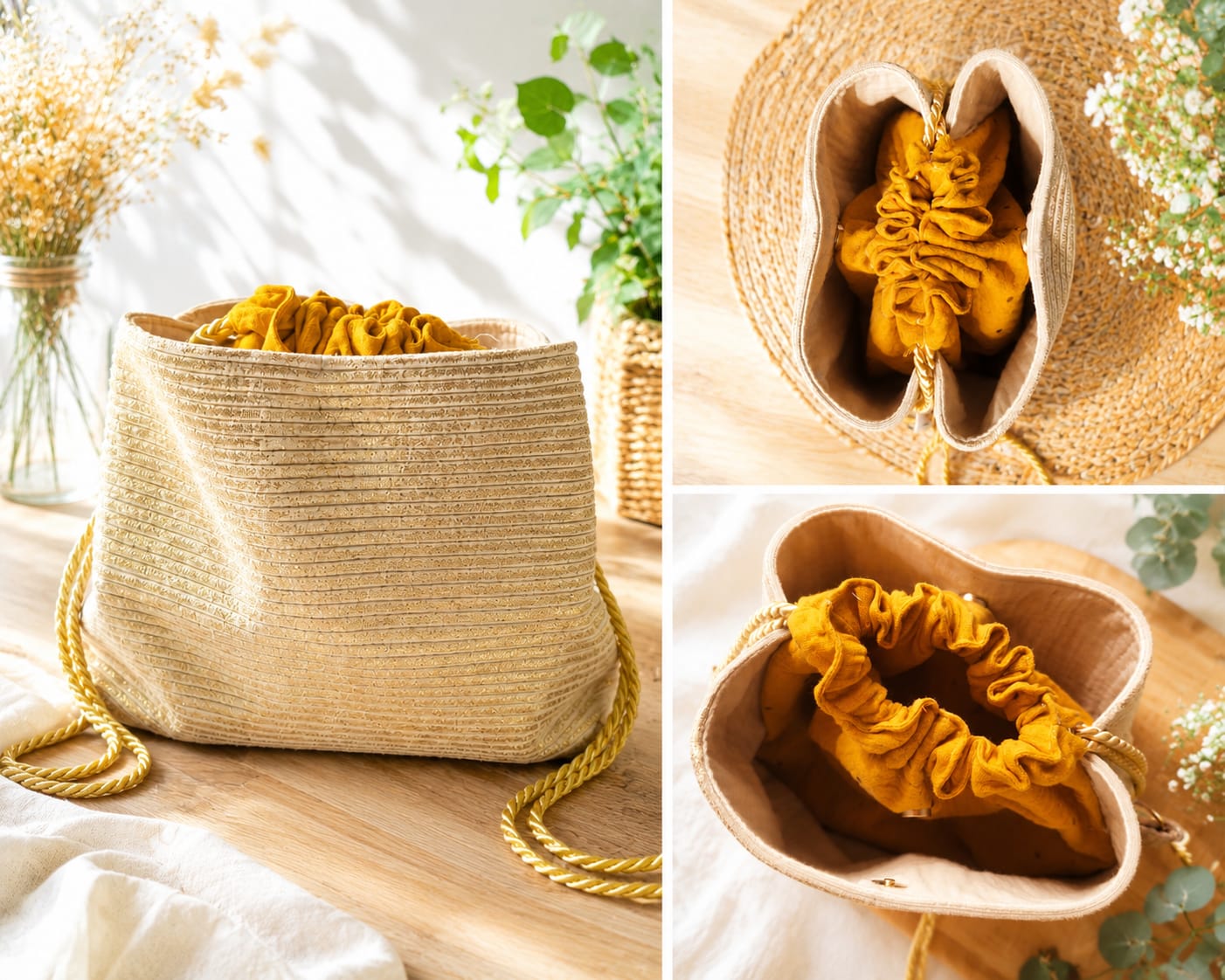 Sac seau paille doublure moutarde